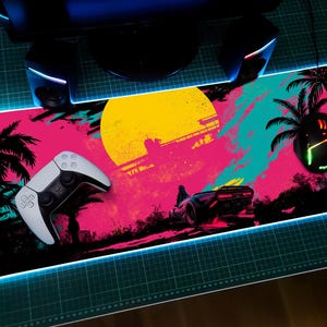 Retro Cyberpunk LED Gaming Mouse Pad, Large Desk Mat RGB, Neon Japanese Anime Keyboard Deskmat, XXL Mouse Pad, Vaporwave, Synthwave.