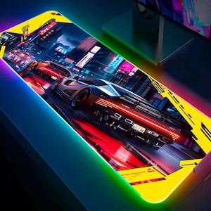 Cyberpunk City LED Gaming Desk Mat, Cyberpunk Car Mouse Pad, Cyberpunk Style, Neon Night, LED RGB, Dystopian Future, Gift For Gamers.