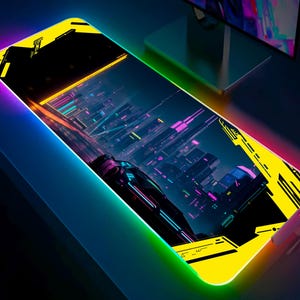 Cyberpunk City LED Gaming Desk Mat, Cyberpunk Mouse Pad, Cyberpunk Style, Neon Night, LED RGB, Dystopian Future, Gift For Gamers.