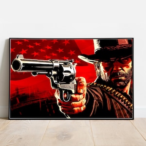 Cowboy Poster, Wild West Outlaw Poster, Red Poster, Outlaw Print, USA Flag, Video Game Print, Game Poster, Gift for Gamers.