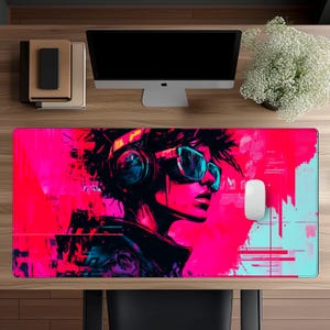 Cyberpunk Girl Gaming Desk Mat, Cyberpunk Mouse Pad, Cyberpunk Style, Graffiti Style, Dystopian Future, Futuristic Art, Gift For Gamers.
