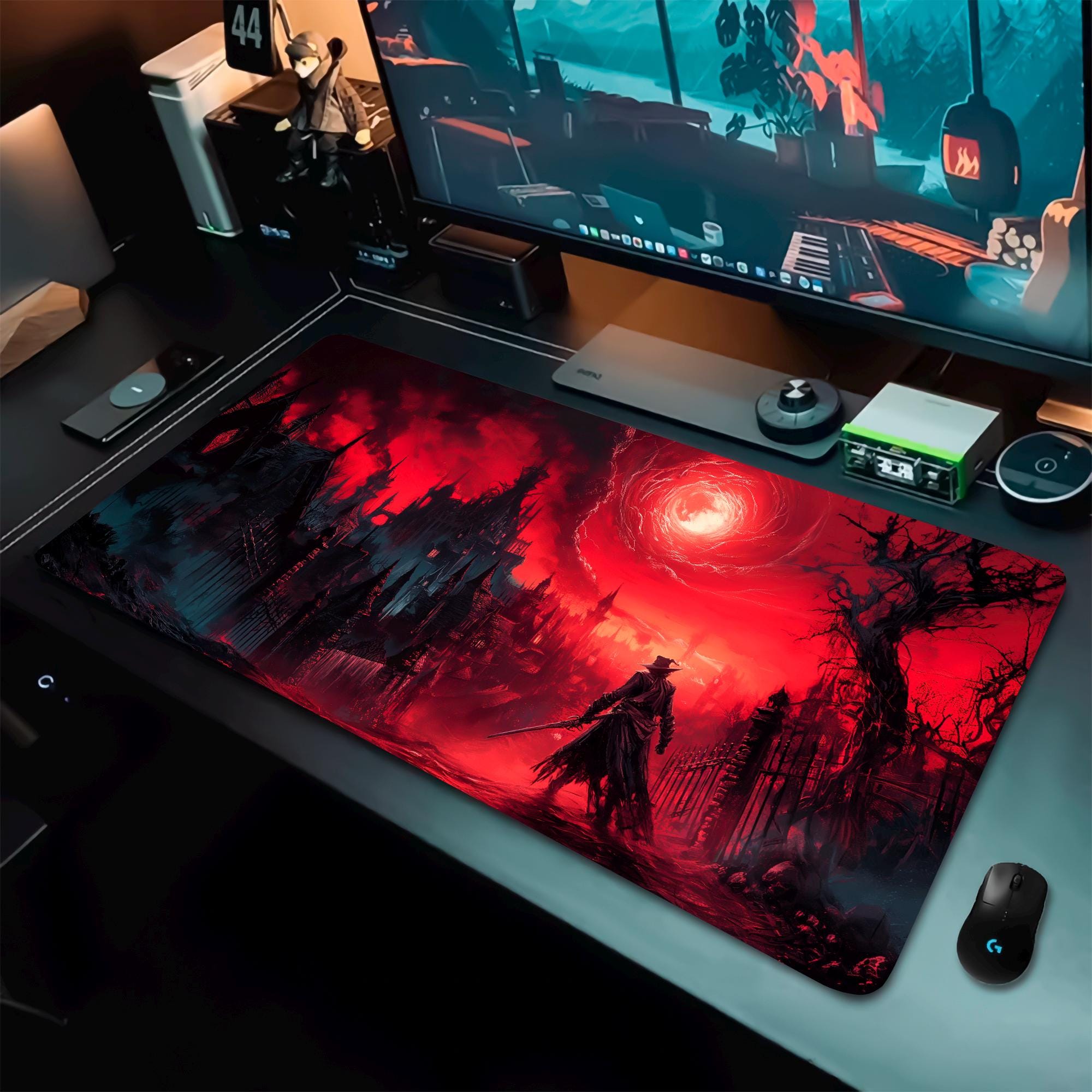 Tapis de souris de jeu Blood Moon, tapis de bureau gothique, style horreur surnaturelle, inspiré de Lovecraft, dark fantasy, horreur cosmique, cadeau pour les joueurs.