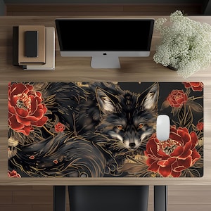 Elegant Fox Gaming Mouse Pad - Traditional Japanese Art, Oriental Style - Large Non-Slip Desk Mat, Cute Elegant Desk MAt, Gift For Gamers.
