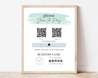 Op de afbeelding: Een printbaar bord met een lichtblauwe aquarel achtergrond waarop "please scan to pay" staat.  Het heeft twee QR-codes, een voor PayPal en een voor Venmo.  Het staat ook "We also accept" en toont pictogrammen voor Apple Pay, Amazon Pay en Google Pay.  Het bord zegt "Thank you for your purchase" en heeft een ruimte voor de bedrijfsnaam.  Het heeft ook social media pictogrammen en de tekst "Connect with us".