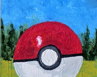 Pokémon Go Pokeball ACEO Originalmålning Liten Fan Art-kort Texturerat konstverk