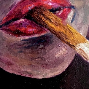 May include: Oil painting depicting a mouth with vibrant red lipstick, holding a lit cigarette. The artwork uses thick brushstrokes and a close-up perspective, highlighting the lips and the glowing end of the cigarette. The color scheme includes reds, browns, and white.