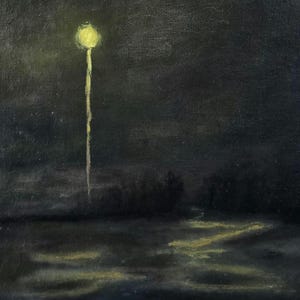 May include: Oil painting of a solitary street lamp glowing in the night. The artwork features a dark, moody sky and a reflective surface below, possibly water, with a path of light. The color palette is dominated by blacks, grays, and yellow.