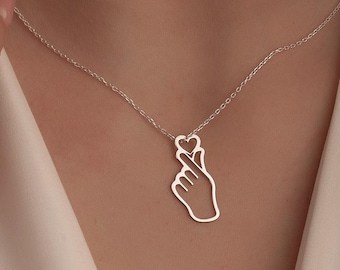K-pop Jewelry, Korean Hand Heart Necklace Minimalist Silver Pendant Love Symbol Jewelry