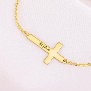Personalized Cross Bracelet – Gold Plated Name Jewelry – Custom Religious Gift for Women – Faith Bracelet – Christian Jewelry