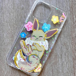 Sleeping Eevee Painted Phone Case with embedded glitter in resin