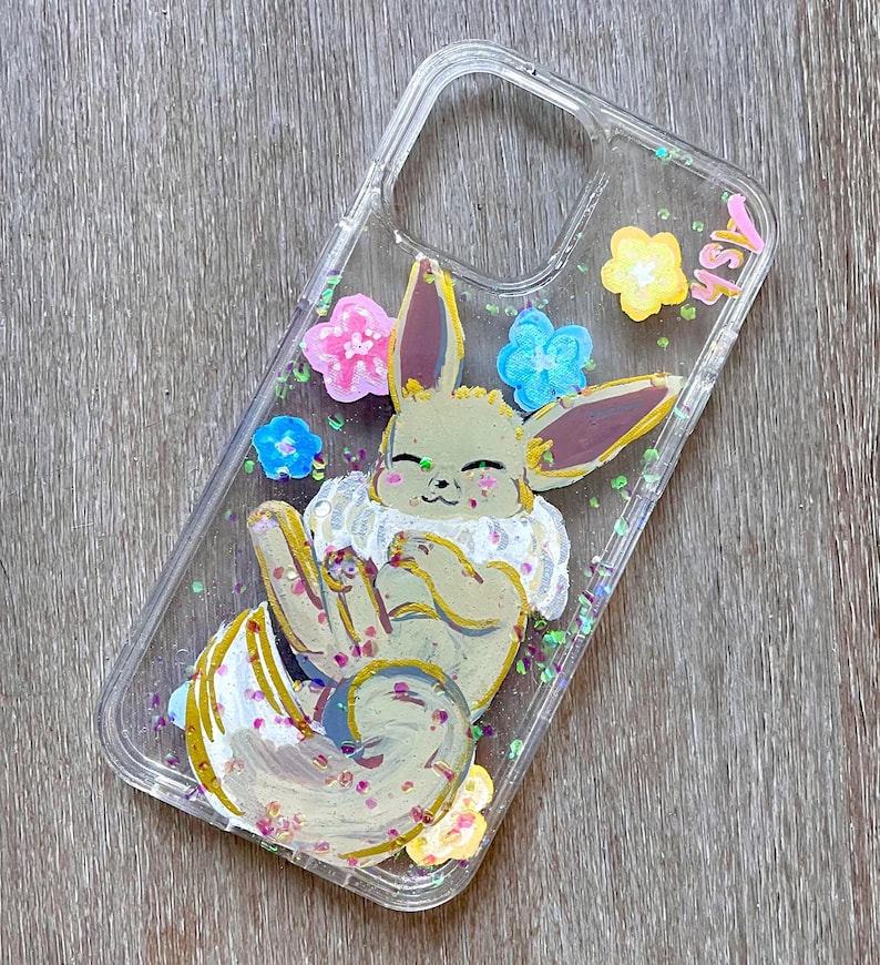Sleeping Eevee Painted Phone Case with embedded glitter in resin
