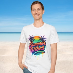 Summer Vibes Shirt Retro Neon Sunset Tee, Tropical Beach Vacation T-Shirt, Palm Tree Graphic Shirt Gift for Men Women