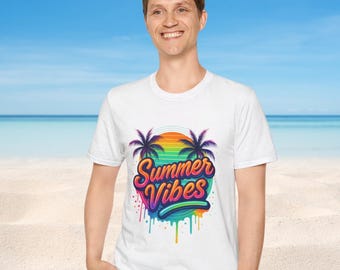 Summer Vibes Shirt Retro Neon Sunset Tee, Tropical Beach Vacation T-Shirt, Palm Tree Graphic Shirt Gift for Men Women