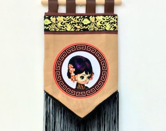 Pose Doll Wall Hanging Banner Pennant wall art - OOAK / Big Eyes / Bradley Doll / Fringed / Asian Japanese Chinese 7.5" x 18"