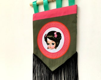 Pose Doll Wall Hanging Banner Pennant wall art - OOAK / Big Eyes / Bradley Doll / Fringed / Asian Japanese Chinese 8"x17"