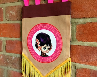 Pose Doll Wall Hanging Banner Pennant wall art - OOAK / Big Eyes / Bradley Doll / Fringed / Asian Japanese Chinese 9"x16"