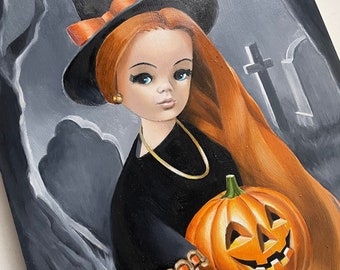 Sindy Doll Witch Oil Painting wood panel / "Pumpkin Spice" /  witchy woman / drawlloween / graveyard cemetary / LAYAWAYS