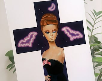 Muñeca de seda vampírica / Impresión artística A4 / 'Reina de la noche' / Murciélagos de neón, luces de luna / Arte de muñecas / Dibujo de Halloween / Retro espeluznante / Pin-up