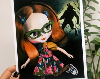 Blythe Doll / Werewolf / A4 art print / 'Howloween' / witchcraft / doll art / drawlloween / vampire / murder mystery