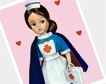 Thankyou NHS art prints A4 / Sindy Doll / 'First Aid Kitsch' / nurse doctor paramedic midwife surgeon carer / corona virus get well soon