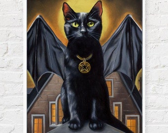 Purranormal Activity 12x16" Fine Art Print - a signed Giclee Print of my original oil painting / demonic black cat / witch's cat / gothic