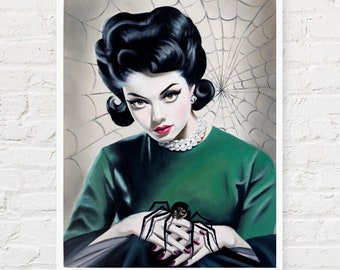 Step into my parlour 12x16" Fine Art Print - a signed Giclee Print of my original oil / lowbrow / spider / black widow / pin up 50s style