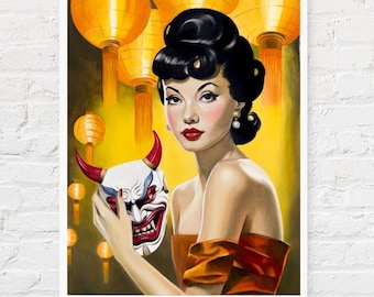 Who's that girl 12x16" Fine Art Print - a signed Giclee Print of my original oil painting / yokai / Hannya / Japanese girl & lanterns