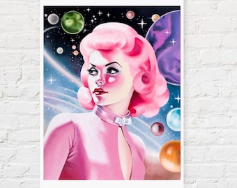 Moonraker 12x16" Fine Art Print - a signed Giclee Print of my original oil painting / space girl 60s style / moon / lowbrow pop surrealism