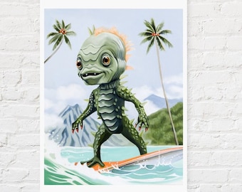 Cowabunga Dude! 12x16" Fine Art Print - a signed Giclee Print of my original oil painting / baby creature from the Black Lagoon / hawaii
