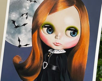 Blythe Doll / Vampire doll art / A4 art print / 'Creature of the Night' / fangs and full moon / spooky bats / mab drawlloween club
