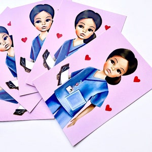 5 x set di cartoline artistiche NHS di ringraziamento / Sindy Doll / infermiere medico paramedico dentista / Doll Art / biglietti di auguri / pronta guarigione