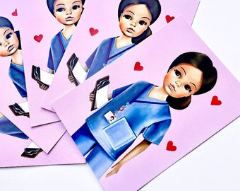 5 x Thankyou NHS art postcards set / Sindy Doll / scrubs nurse doctor paramedic dentist / Doll Art / greetings cards / get well soon