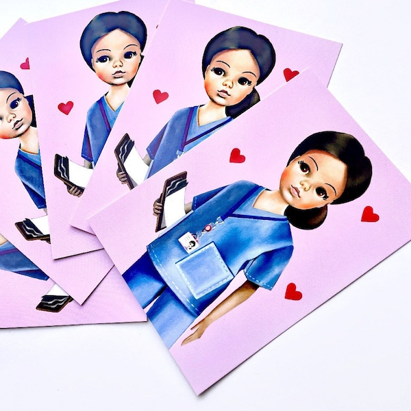 5 x Thankyou NHS art postcards set / Sindy Doll / scrubs nurse doctor paramedic dentist / Doll Art / greetings cards / get well soon