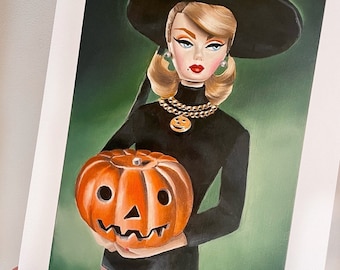 Witch doll / Pumpkin / A4 art print / 'It's October Witches!' / witchcraft / doll art / drawlloween / halloween spells / silkstone