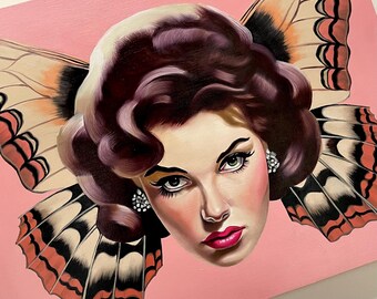 Oil Painting on wood panel / "Papilionoidea" / femme fatale / pin-up / 50s / butterfly moth / witchy woman / pin up beauty / LAYAWAYS
