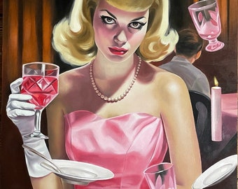 RESERVE PAULINA Telekinesis Oil Painting wood panel / "Carrie" / femme fatale / 50s psychic / Stephen King novel / prom queen