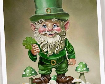 Duende irlandés / Lámina artística A4 / 'Amuleto de la suerte' / Gnomo de seta venenosa con trébol