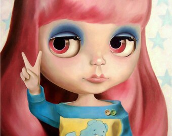 Blythe Doll A4 art print  - pastel pink hair care bear girl