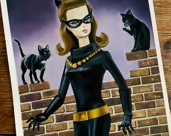 Muñeca Catwoman y gatos negros 'Famiglia' / Lámina artística A4 / Batman / Silkstone / Muñeca vintage / Ciudad Gótica