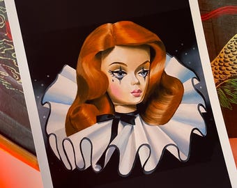 A4 art print / vintage doll 'Send in the Clowns' / femme fatale / silkstone doll / retro spooky / fashion collar / mabs drawlloween club