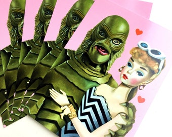 5 x art postcards / Vintage Silkstone / Creature from Black Lagoon / Universal Monster / Doll Art / greetings card / true love / halloween