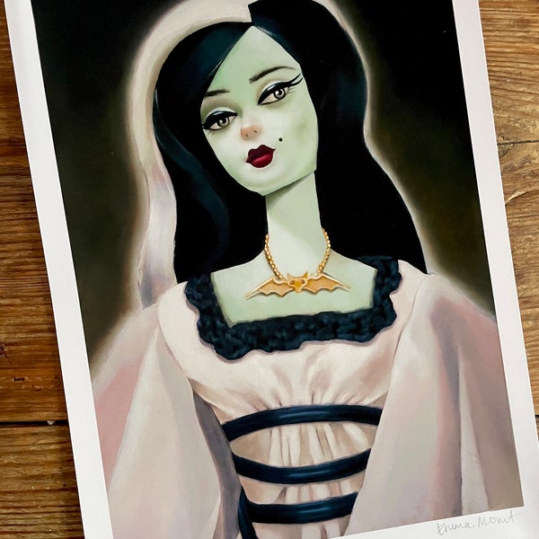 Lily Munster doll / A4 art print / witchcraft / doll art / drawlloween / spooky / witchy woman / silkstone