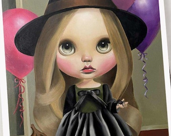 Muñeca Blythe / Calabaza / Lámina artística A4 / 'The Familiar' / Truco o trato / Arte de muñecas / Club Mab Drawlloween
