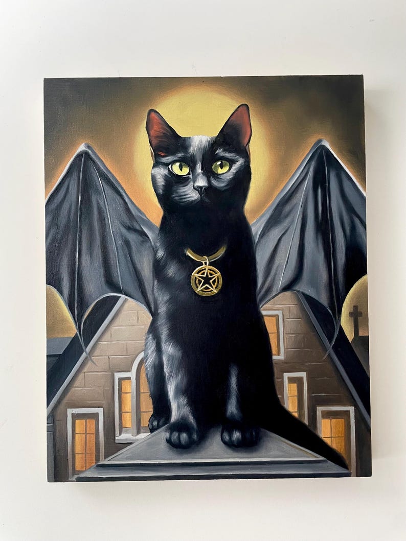 Oil Painting on Wood Panel / Spooky Black Cat Vampire Bat Cryptid