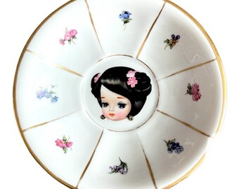 Pose Doll on Vintage Plate wall art - signed on reverse OOAK / Altered Art / Big Eyes / Bradley Doll / Wall hanging / Asian Japanese Chinese