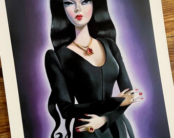 Morticia Addams doll / A4 art print / witchcraft / doll art / drawlloween / spooky / witchy woman / silkstone