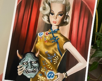 A4 art print / vintage doll 'Back to black' / femme fatale / silkstone / drawlloween / retro spooky / yokai japanese mask