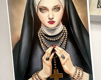 Nun / A4 art print / 'Unholy' / icon / religious art / drawlloween / witchy woman / catholic rosary / praying hands / memento mori / gothic