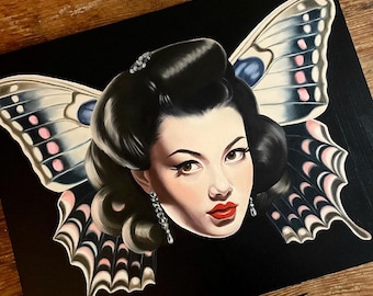 Oil Painting on wood panel / "Lepidoptera" / femme fatale / pin-up / 50s / butterfly moth / witchy woman / pin up beauty / LAYAWAYS
