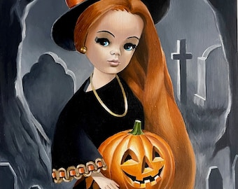 Sindy Doll Witch Oil Painting wood panel / "Pumpkin Spice" /  witchy woman / drawlloween / graveyard cemetary / LAYAWAYS